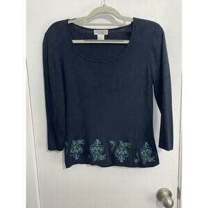 Y2K Due Per Due Silk Blouse Silk Black Ribbed Cropped Embroidered 3/4 Sleeve
